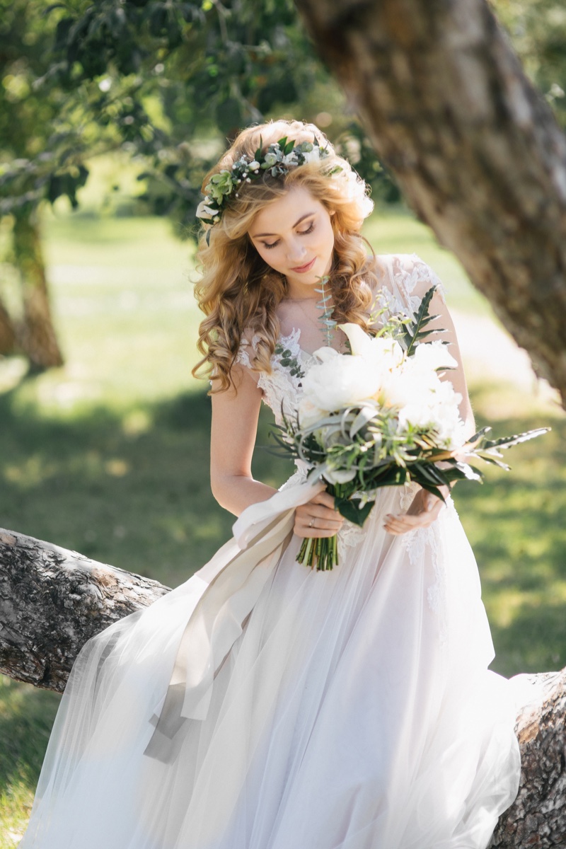 Blonde Wedding Dress Flower Bouquet
