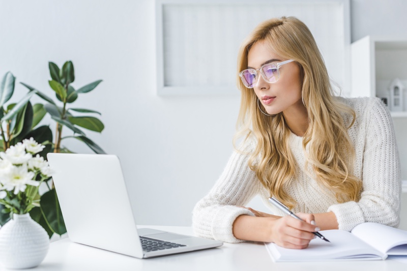 Blonde Woman Glasses Laptop Writing Notebook Sweater