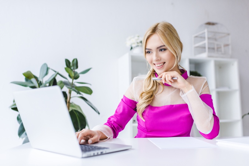 Blonde Woman Office Pink Top Laptop Smiling