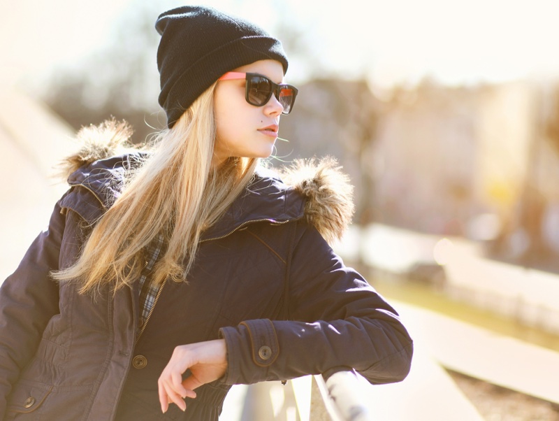 Blonde Woman Winter Coat Beanie Outdoors Sun