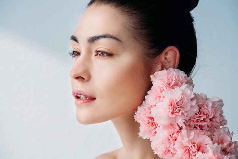 Brunette Model Beauty Makeup Pink Flowers