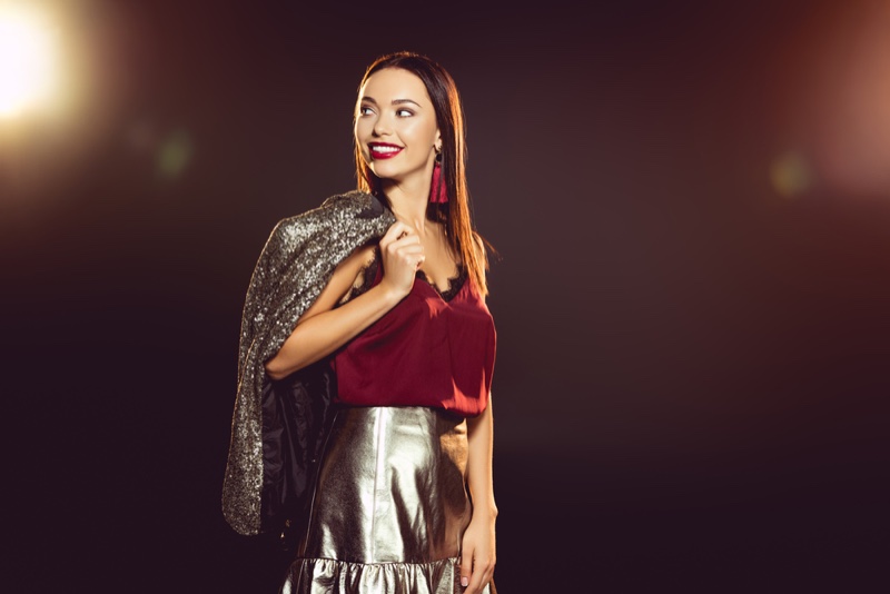 Brunette Woman Sequin Party Look