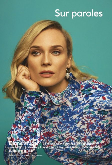 Diane Kruger Graces the Pages of Marie Claire France Looking elegant, Diane Kruger wears Givenchy earring and dress