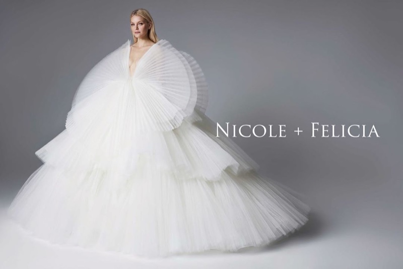 Jessica Stam wears bridal gown in Nicole + Felicia fall-winter 2019 campaign