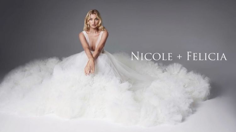 Elsa Hosk models bridal dress in Nicole + Felicia campaign