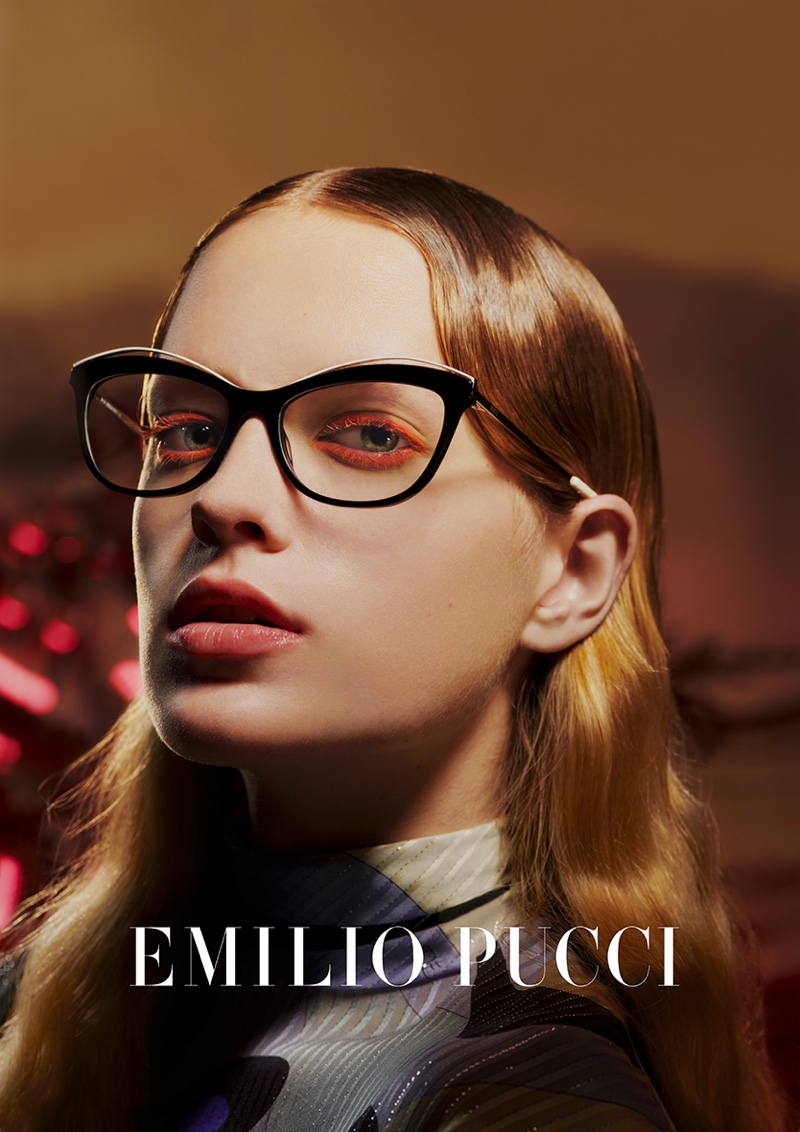 Model Kat Carter wears eyewear in Emilio Pucci fall-winter 2019 campaign