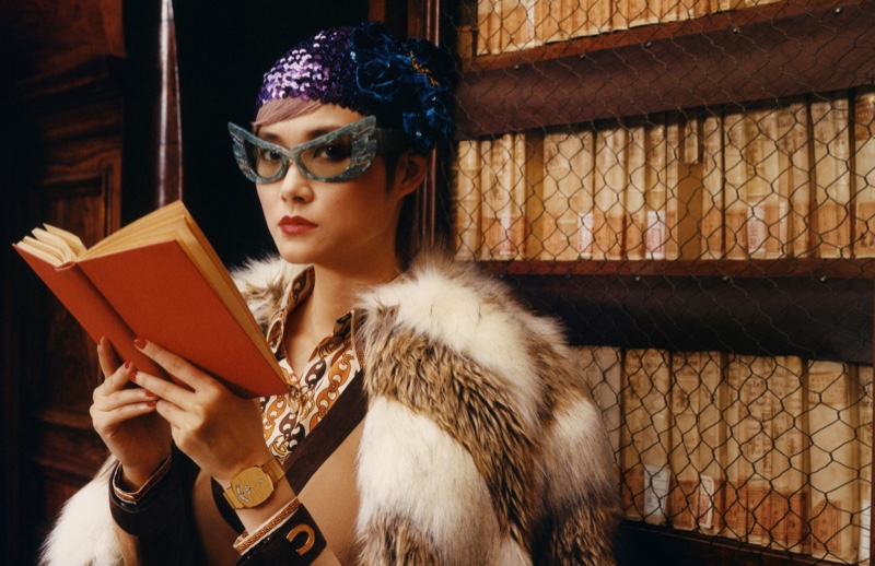 Chris Lee poses at Rome's Biblioteca Casanatense for Gucci Timepieces + Jewelry fall-winter 2019 campaign