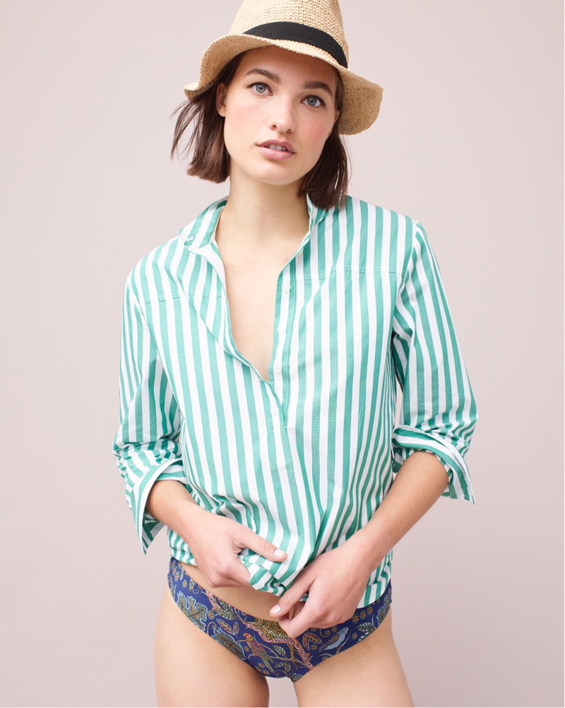 J. Crew Packable Straw Hat $49.50, Band-Collar Popover Tunic $79.50 and Surf Hipster Bikini Bottom $48