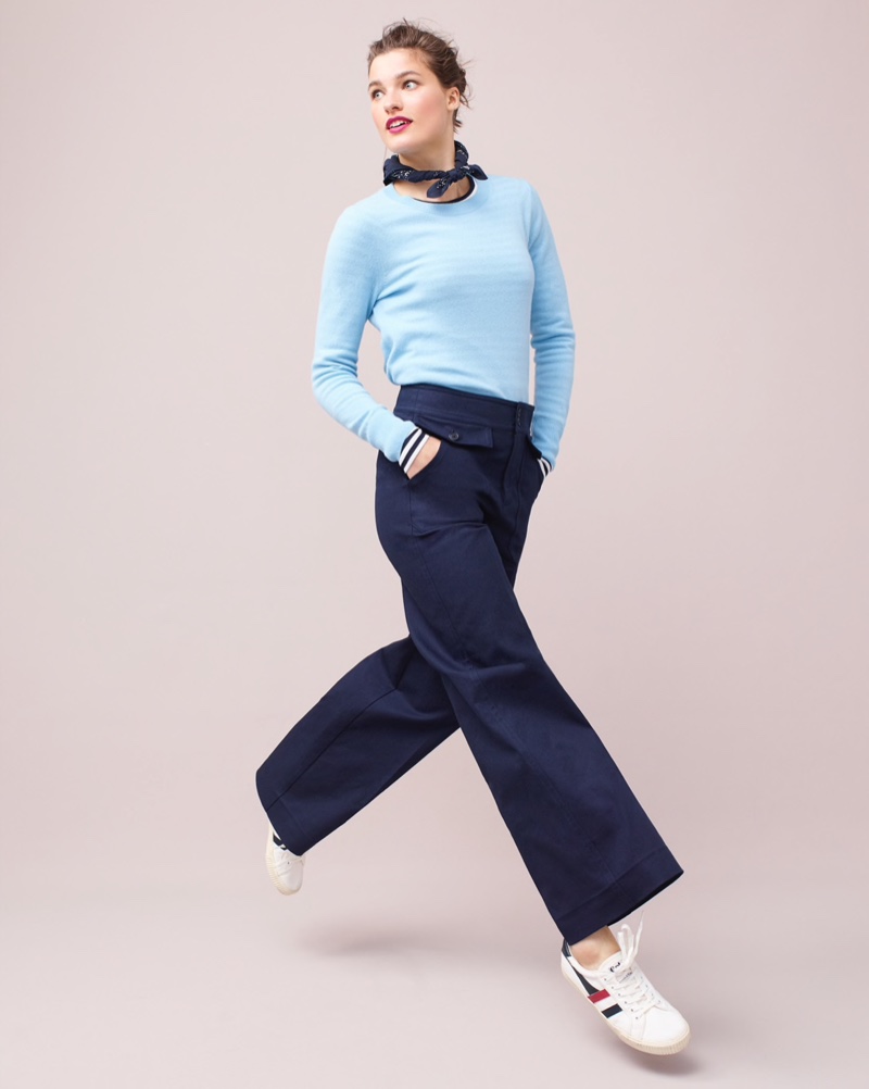 J. Crew Long-Sleeve Everyday Cashmere Crewneck Sweater $98, Officer Patch-Pocket Wide-Leg Pant $98, Gola for J. Crew Mark Cox Tennis Sneakers $65 and Wallace & Barnes Bandana $15