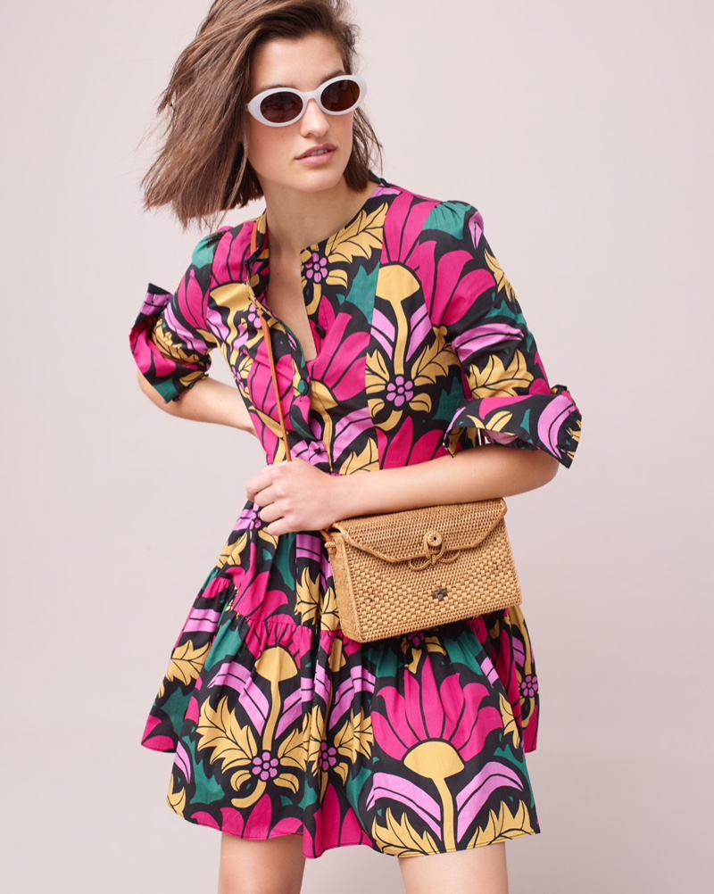 J. Crew Tiered Dress in Ratti Grandi Flori Print $148, Portico Round Sunglasses $59 and Bembien Sofia Bag $220