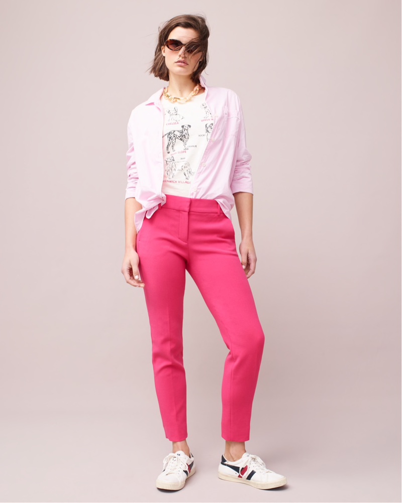 J. Crew Vintage Pajama Top $95, City Dogs T-Shirt $29.50, Cameron Slim Crop Pant $89.50, Portico Round Sunglasses $59 and Gola for J. Crew Mark Cox Tennis Sneakers $65