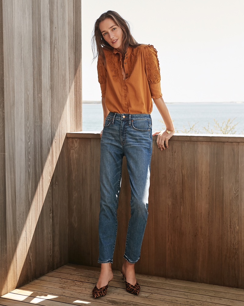 J. Crew Mockneck Embroidered Blouse $79.50, Curvy Vintage Straight Jean $128, Botanical Mixed-Fringe Earrings $75 and Sophia Kitten Heels $168