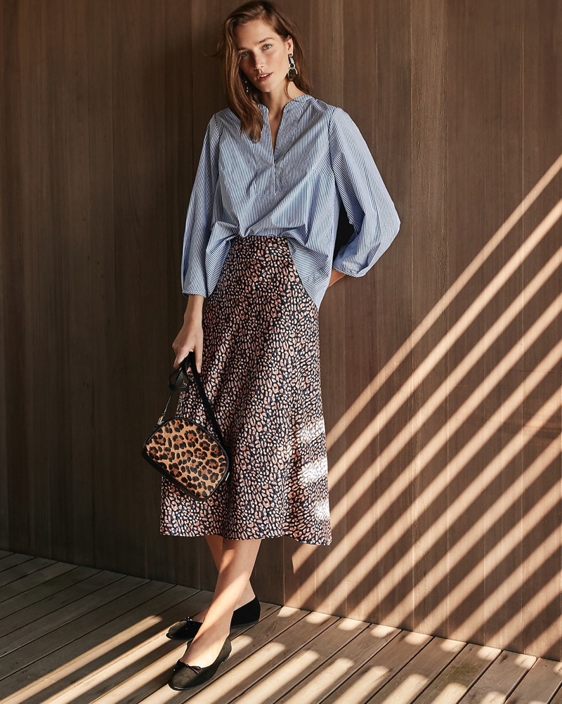 J. Crew Open V-Neck Cotton Poplin Top $79.50, Pull-On Slip Skirt $98, Disc Drop Earrings $59.50, Devon Camera Bag $138 and Ballet Flats in Suede $98