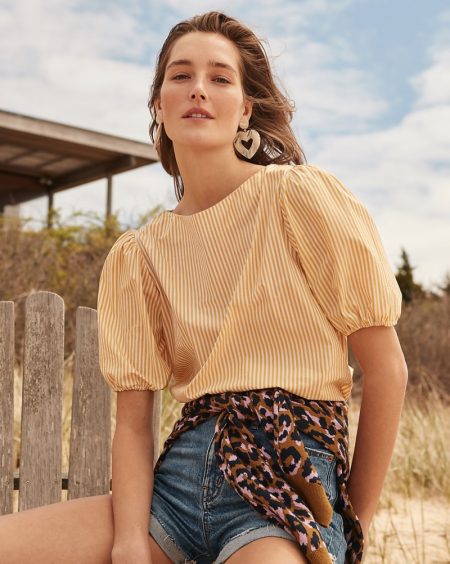 Easy Living: See J. Crew's First Pre-Fall Collection J. Crew Puff-Sleeve Top $69.50, Crewneck Sweater in Leopard $89.50, High-Rise Eco Denim Short $59.50 and Oversized Heart Earrings $39.50
