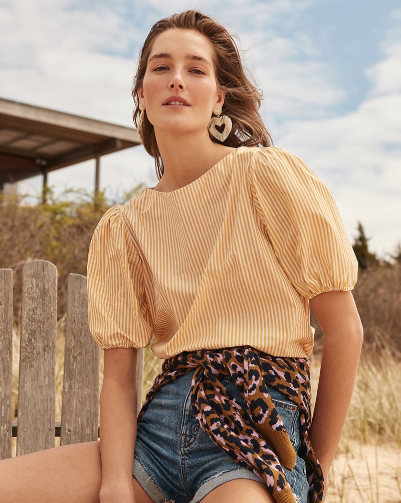 J. Crew Puff-Sleeve Top $69.50, Crewneck Sweater in Leopard $89.50, High-Rise Eco Denim Short $59.50 and Oversized Heart Earrings $39.50