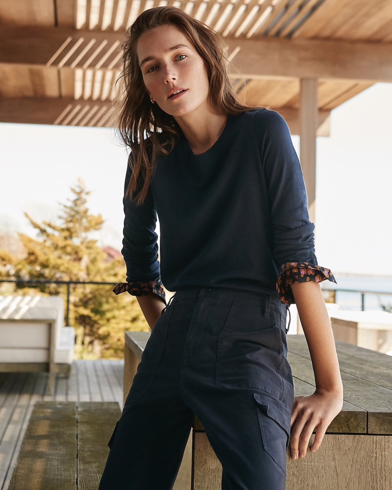 J. Crew Tippi Sweater With Leopard French Cuff $89.50, The New Straight-Leg Cargo Pant $98 and Mini Tube Hoop Earrings $29.50