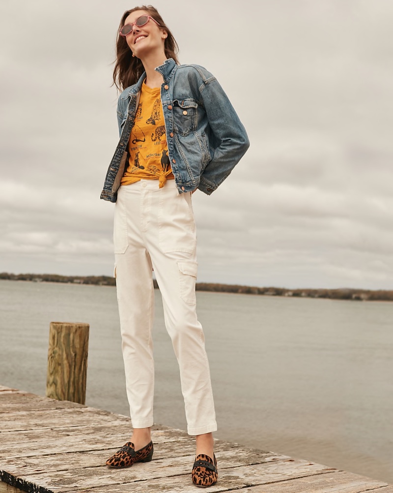 J. Crew Classic Denim Jacket $110, City Cats T-Shirt $29.50, The New Straight-Leg Cargo Pant $98 and Academy Penny Loafers in Leopard Calf $228