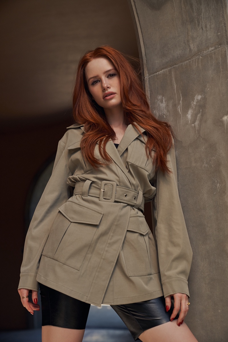 Actress Madelaine Petsch wears Shein x Madelaine flap pocket coat