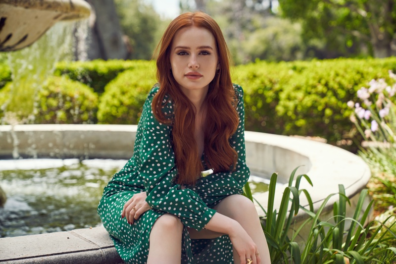 Madelaine Petsch models Shein x Madelaine polka dot dress