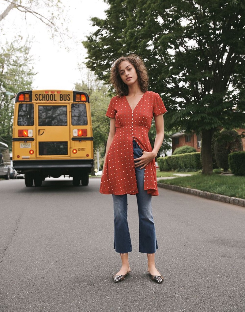 Madewell Button-Front Swing Dress $128 and Cali Demi-Boot Jeans in Preston Wash $135