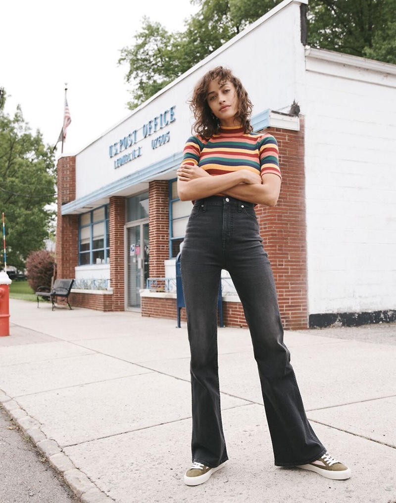 Madewell Ribbed Mockneck Top $49.50 and 11" High-Rise Flare Jeans $135