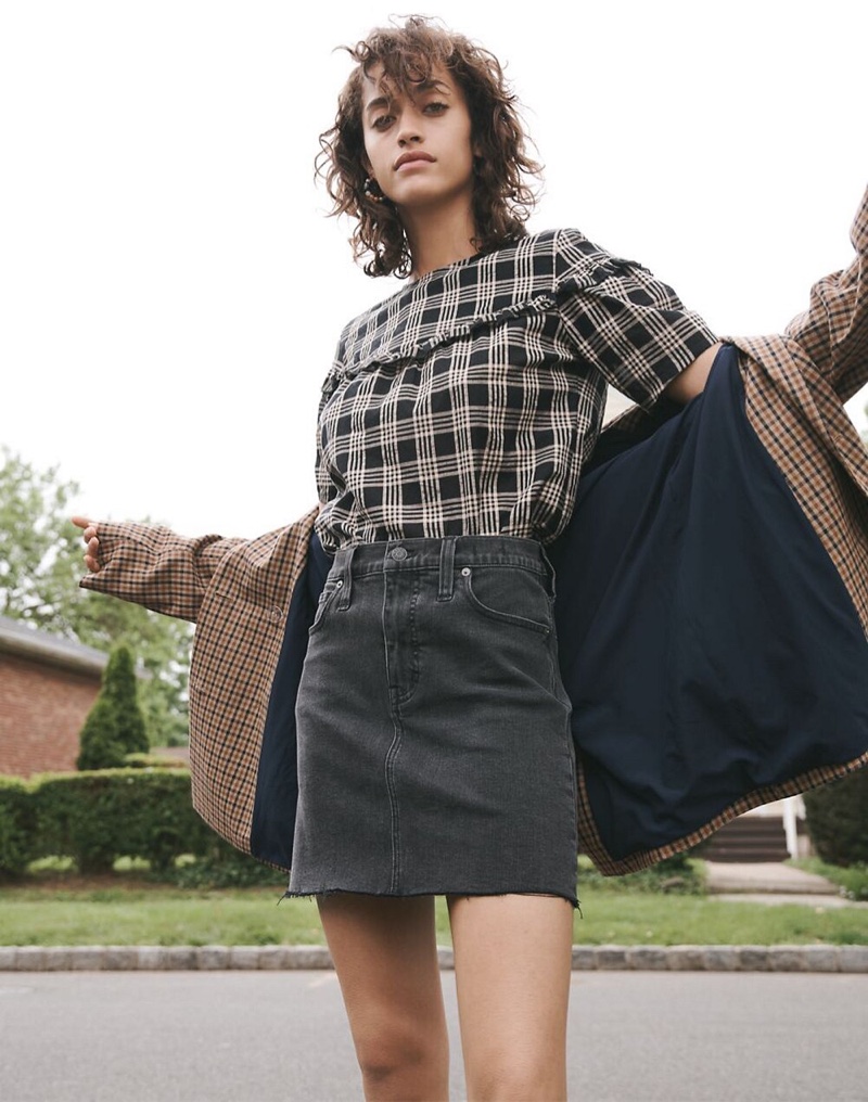 Madewell Ruffle-Yoke Top $72, Stretch Denim Straight Mini Skirt $79.50 and Caldwell Double-Breasted Blazer $168