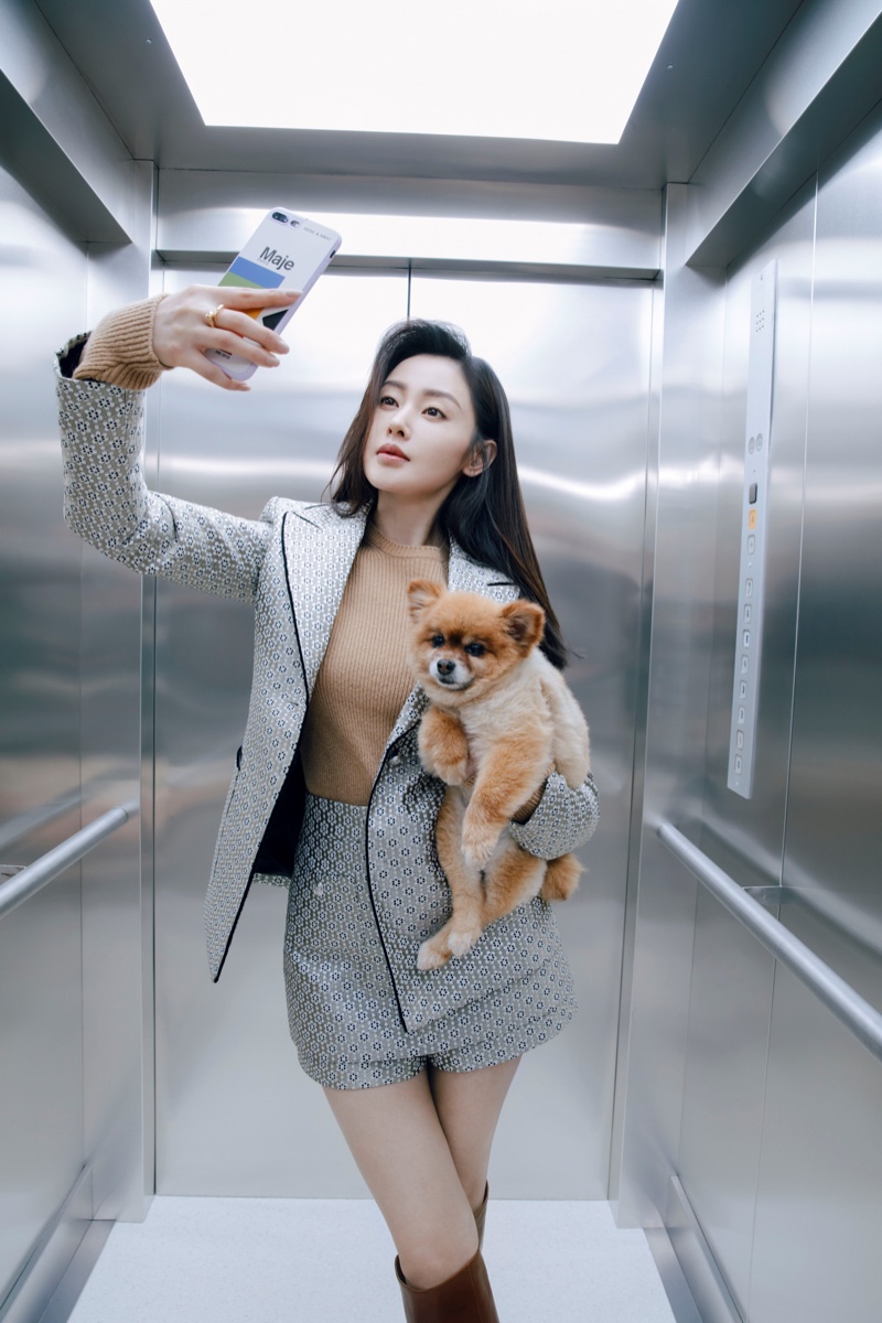 Lina Zhang takes a selfie in Maje fall-winter 2019 campaign