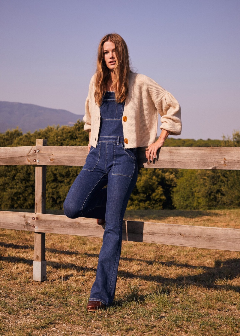 Mango Chunky Knit Cardigan and Denim Overalls