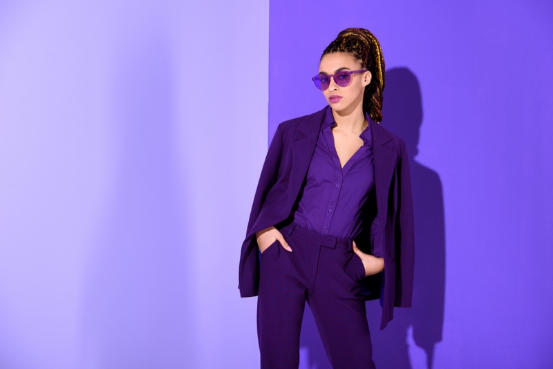 Model Braids Sunglasses Purple Pant Suit