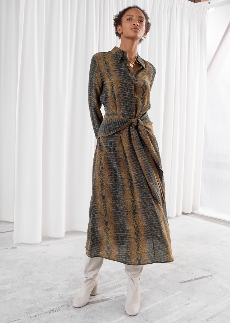 & Other Stories Croco Print Waist Tie Midi Dress $129