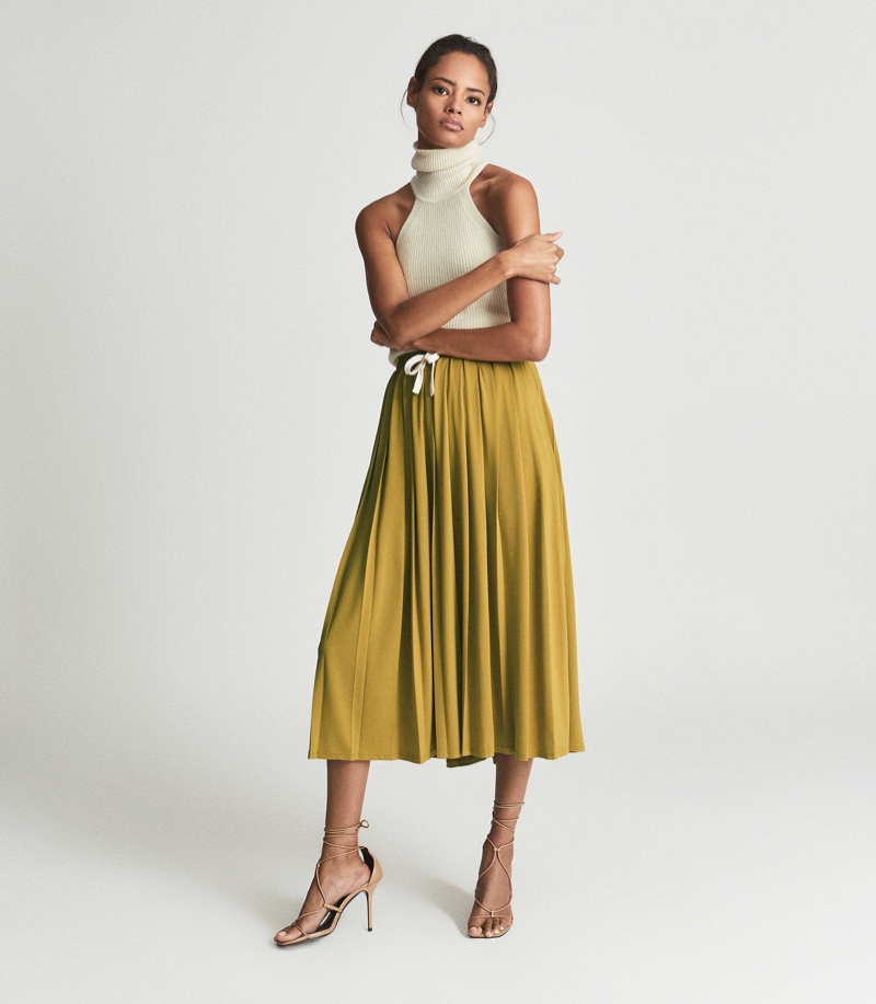 Reiss Ariella Fine Jersey Pleated Midi Skirt in Yellow $260