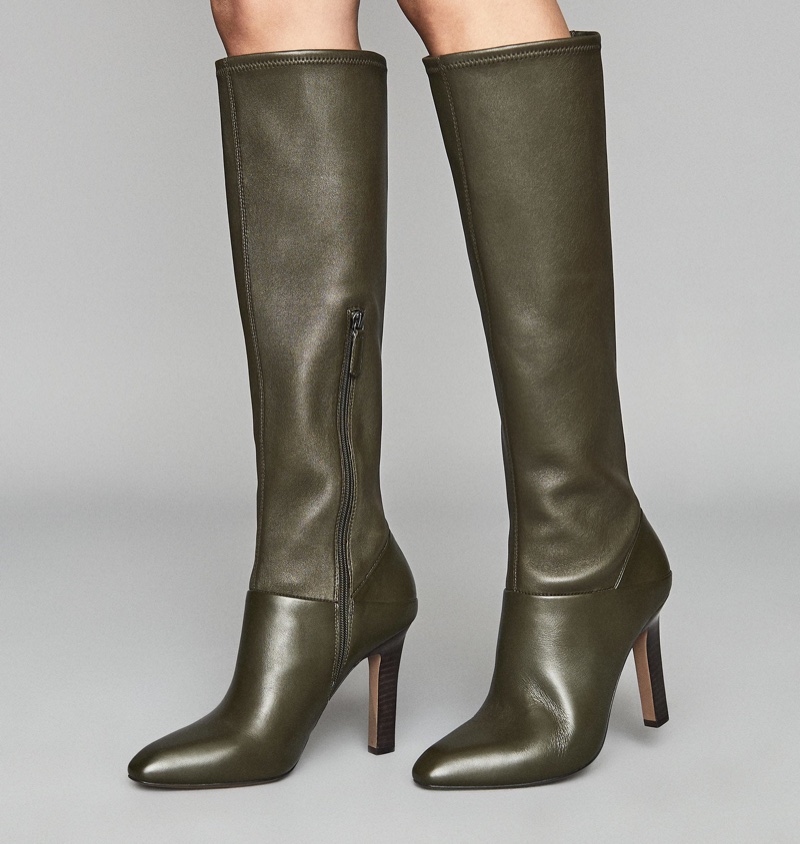 Reiss Cresida Leather Knee High Boots in Green $660