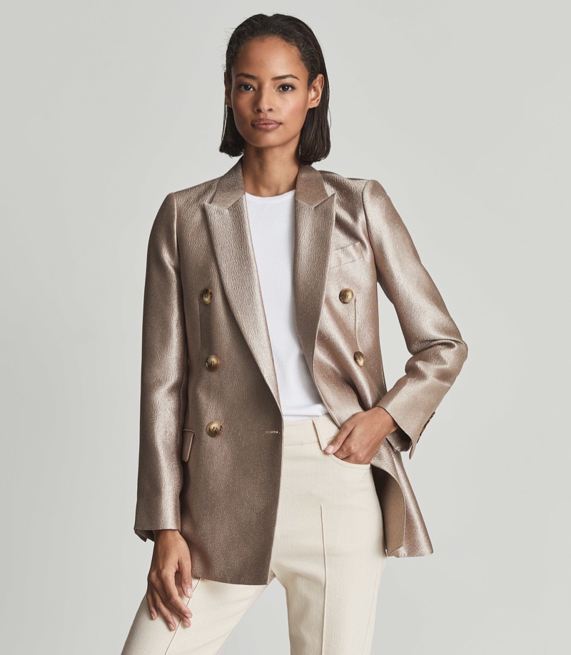 Reiss Mimi Metallic Double Breasted Blazer $475