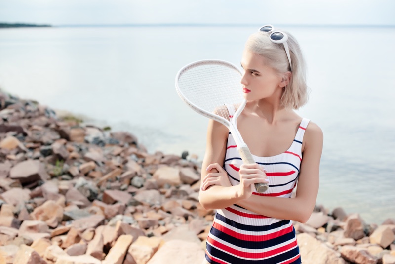 Retro Beach Fashion Model Striped Swimsuit Tennis Racket