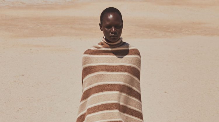 The Row Merlyn Striped Superfine Cashmere Cape $4,790 and Gaia 2 Sandals $990