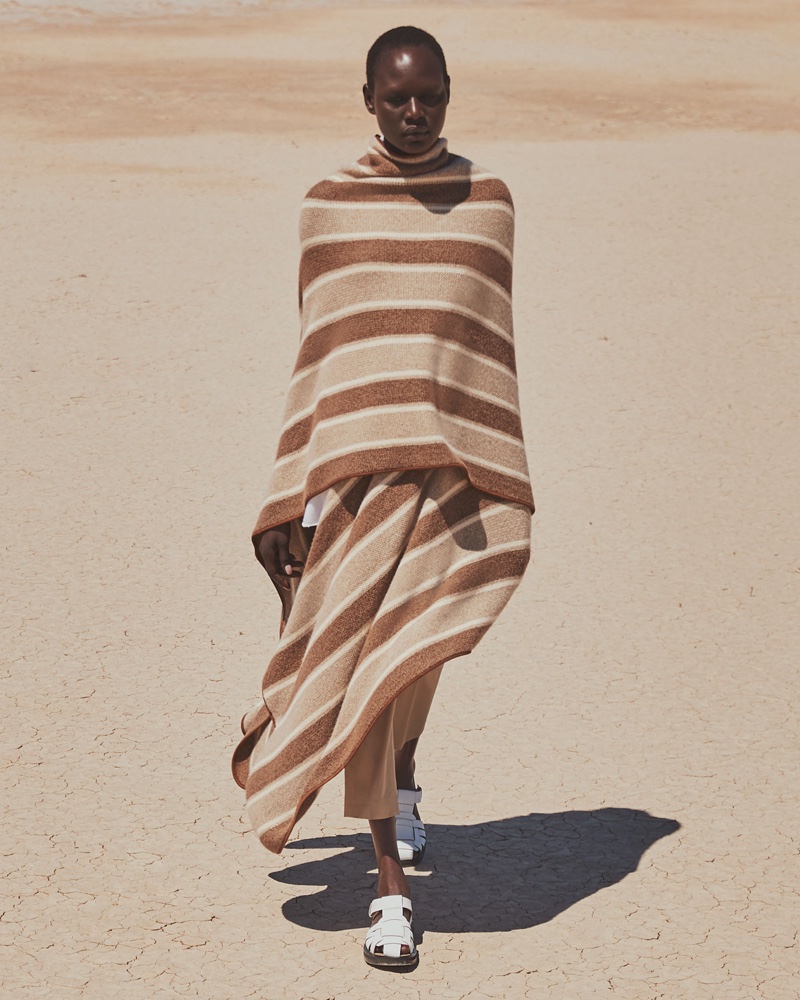 The Row Merlyn Striped Superfine Cashmere Cape $4,790 and Gaia 2 Sandals $990