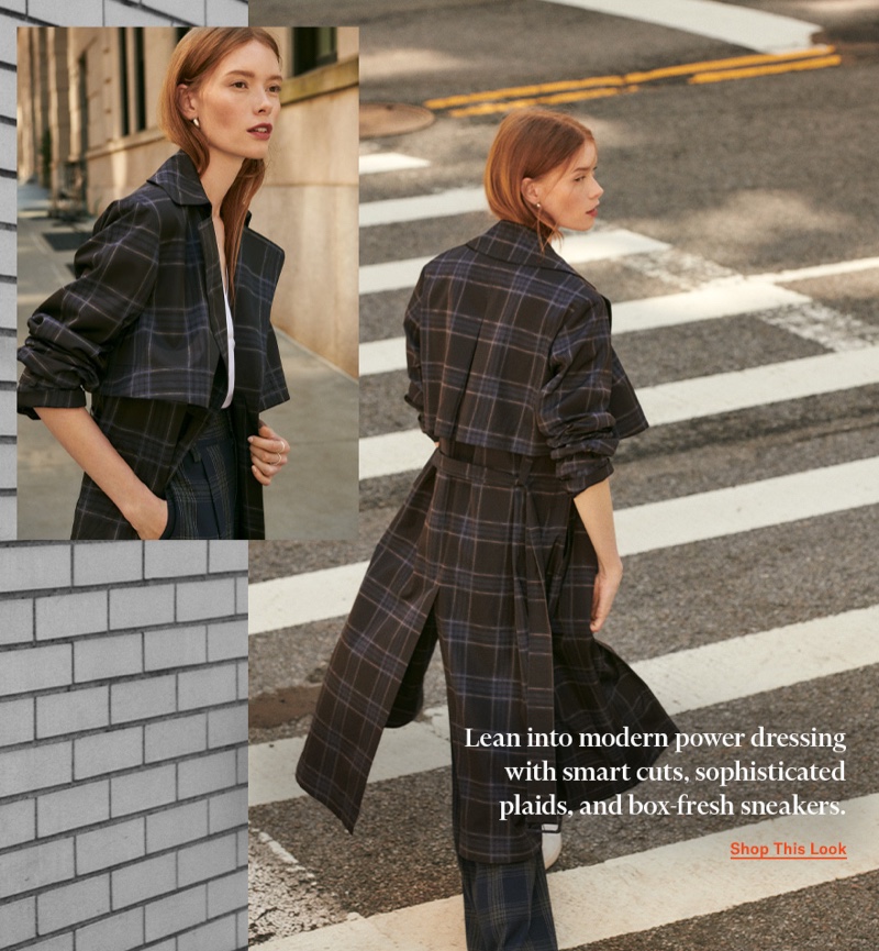 Vince Plaid Trench $675, Plaid Wide Leg Pants $365 and Shirred V Neck Blouse $295