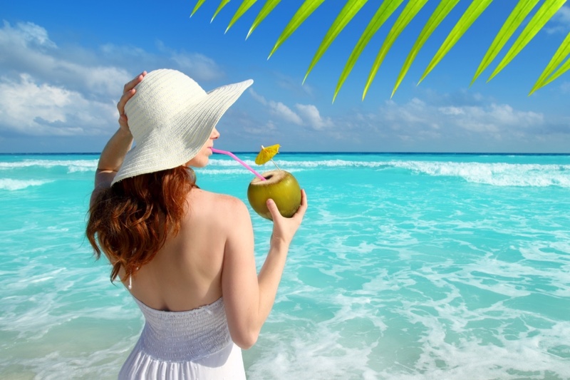 Woman Drinking Coconut Mexico Beach Hat White Dress