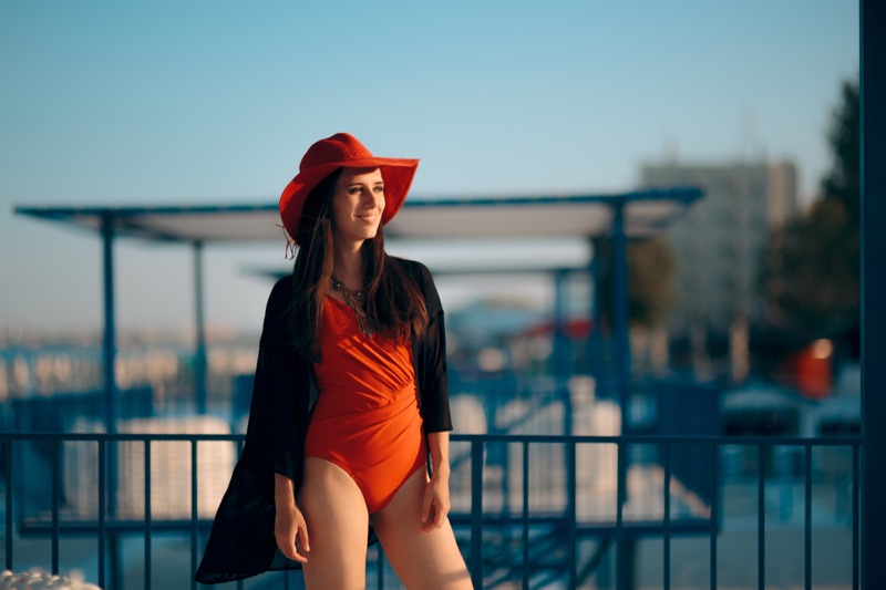 Woman Kimono Swimsuit Hat Beach