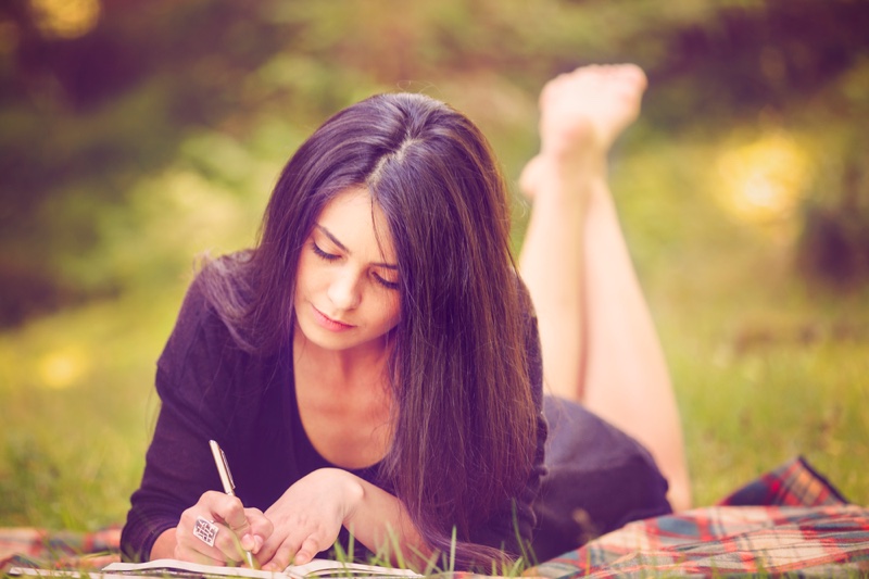 Woman Writing Notebook Outdoors Brunette Dress