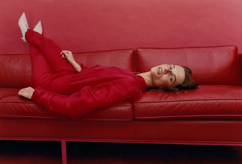 Dressed in red, Giedre Dukauskaite models Zara's fall designs