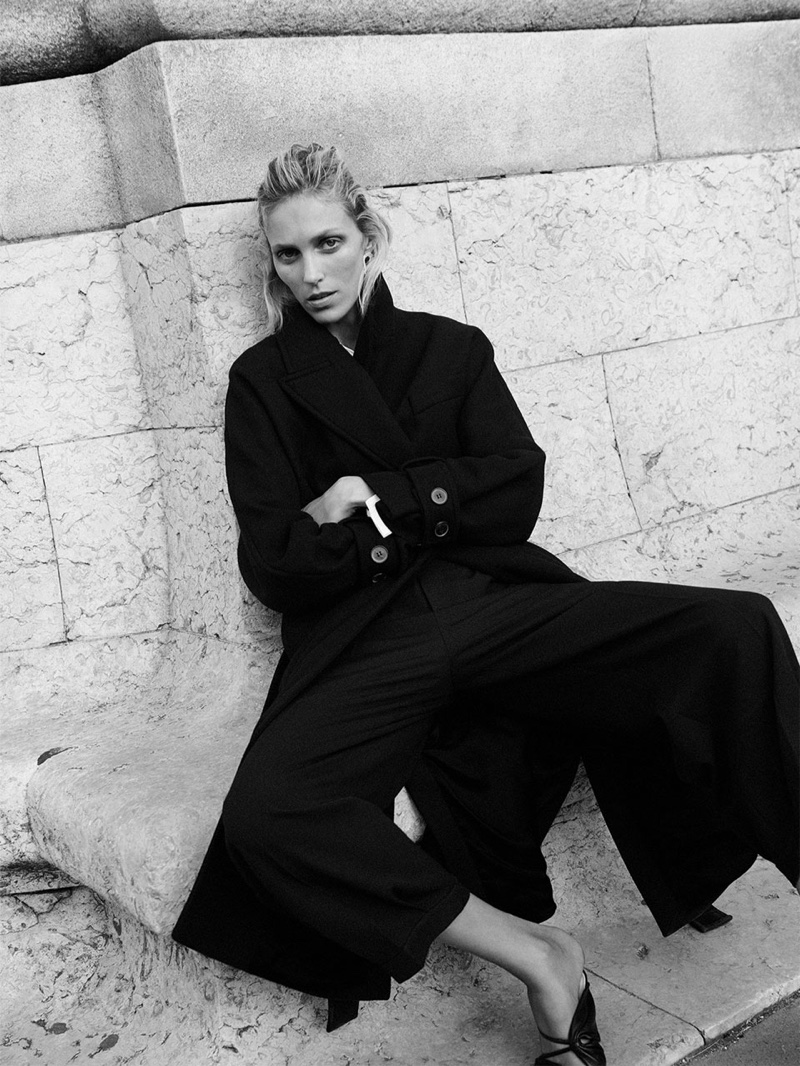 Clad in black, Anja Rubik wears minimal looks from Zara