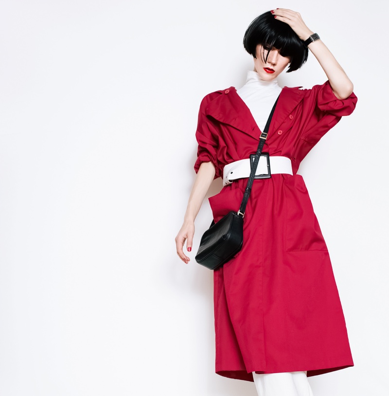 Asian Model Red Coat Stylish Bag