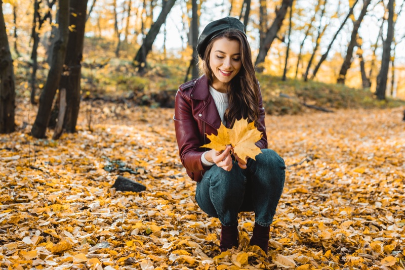 Brunette Girl Leather Jacket Purple Beret Jeans Fall Leaves Outdoors