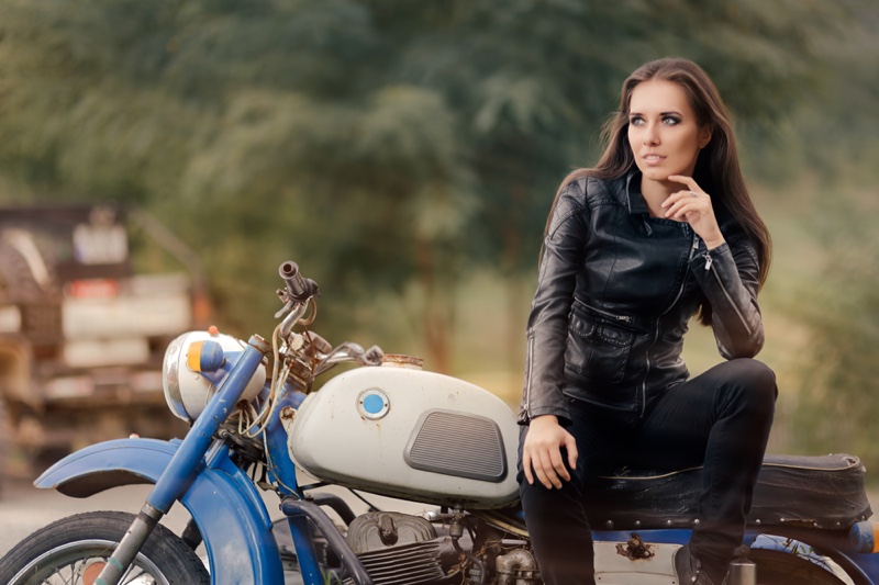 Brunette Leather Jacket Bike