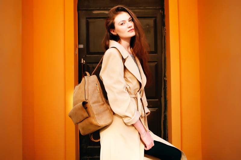 Brunette Model Backpack Trench Coat Fashion