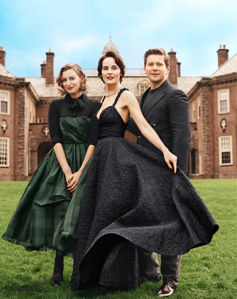 Laura Carmichael wears Dior dress and bodysuit, Michelle Docker poses in Dior dress and Allen Leech wears Ralph Lauren blazer, sweater and trousers