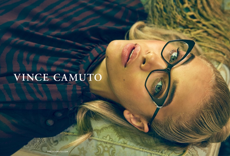 Jasmine Sanders wears cat eye glasses in Vince Camuto fall-winter 2019 campaign