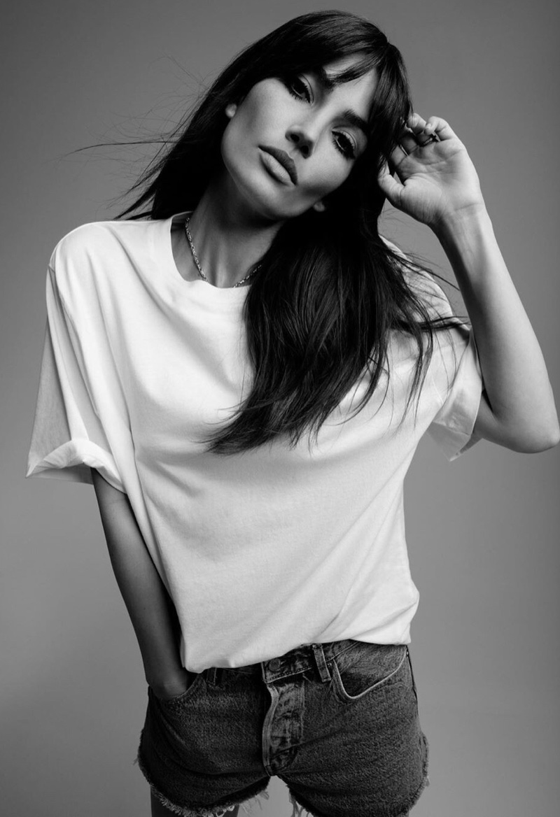 Wearing a white tee, Lily Aldridge models Levi's Made & Crafted collaboration campaign