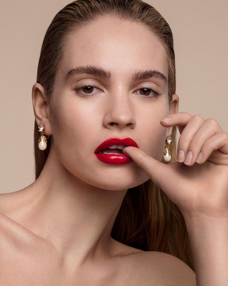 Lily James models Burberry Kisses Lip Lacquer in Military Red
